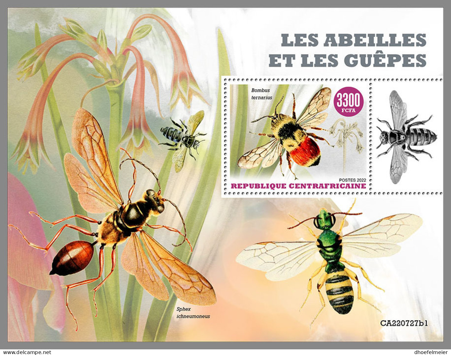 CENTRAL AFRICAN 2022 MNH Bees Wasps Bienen Wespen Abeilles Guepes S/S I - IMPERFORATED - DHQ2316 - Abeilles