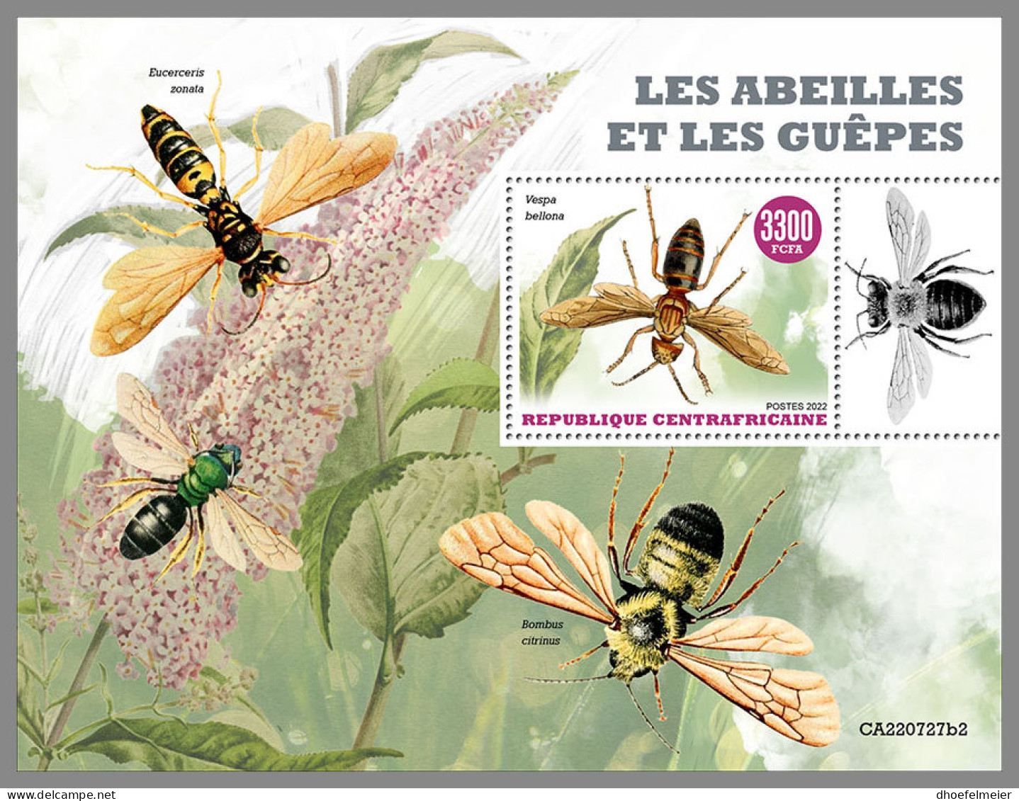 CENTRAL AFRICAN 2022 MNH Bees Wasps Bienen Wespen Abeilles Guepes S/S II - IMPERFORATED - DHQ2316 - Abeilles