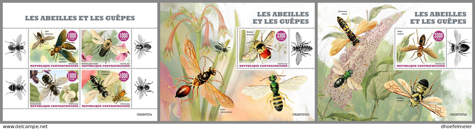 CENTRAL AFRICAN 2022 MNH Bees Wasps Bienen Wespen Abeilles Guepes M/S+2S/S - IMPERFORATED - DHQ2316 - Abeilles