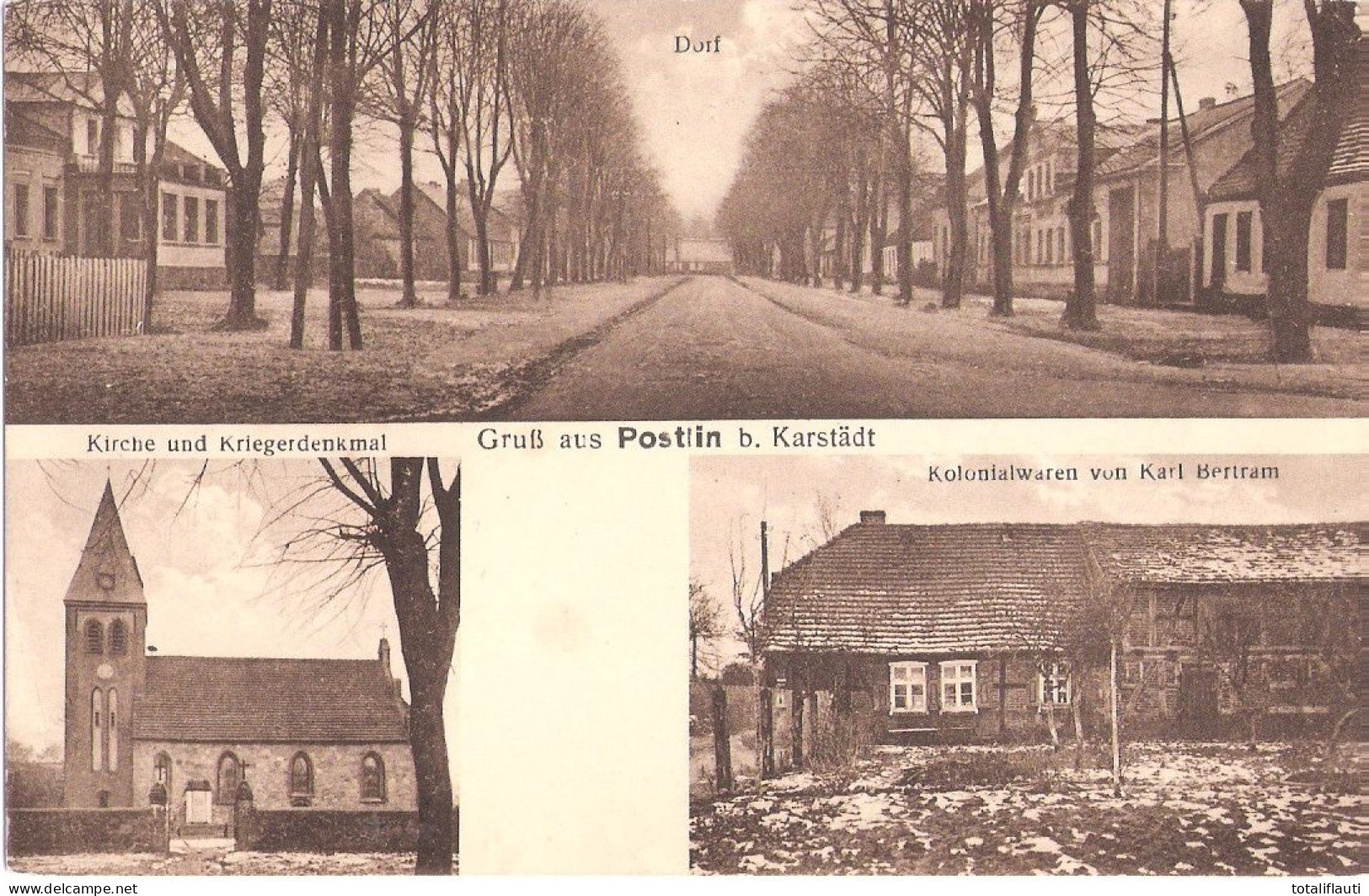 Gruß Aus POSTLIN Bei Karstädt Kolonialwaren Karl Bertram Dorfstraße Kirche Ungelaufen - Karstaedt