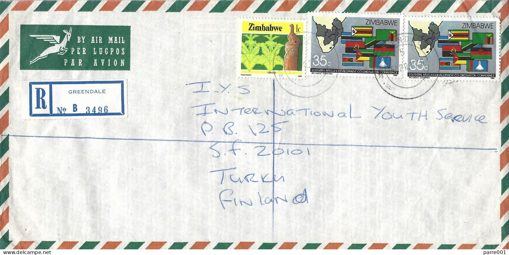 Zimbabwe 1986 Greendale Flag SADCC Cooperation Tobacco Registered Cover - Covers