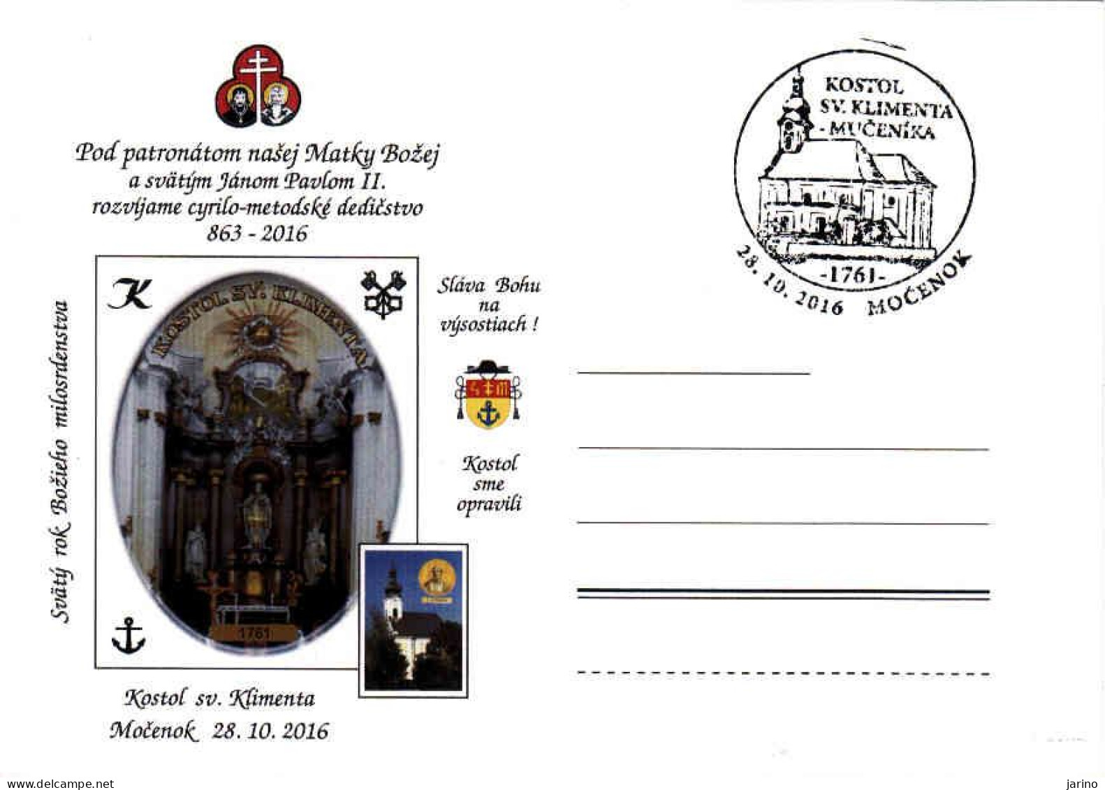 Slovakia 2016, Carte Postale Močenok 28. 10. 2016, Kostol St. Kliment - Covers & Documents