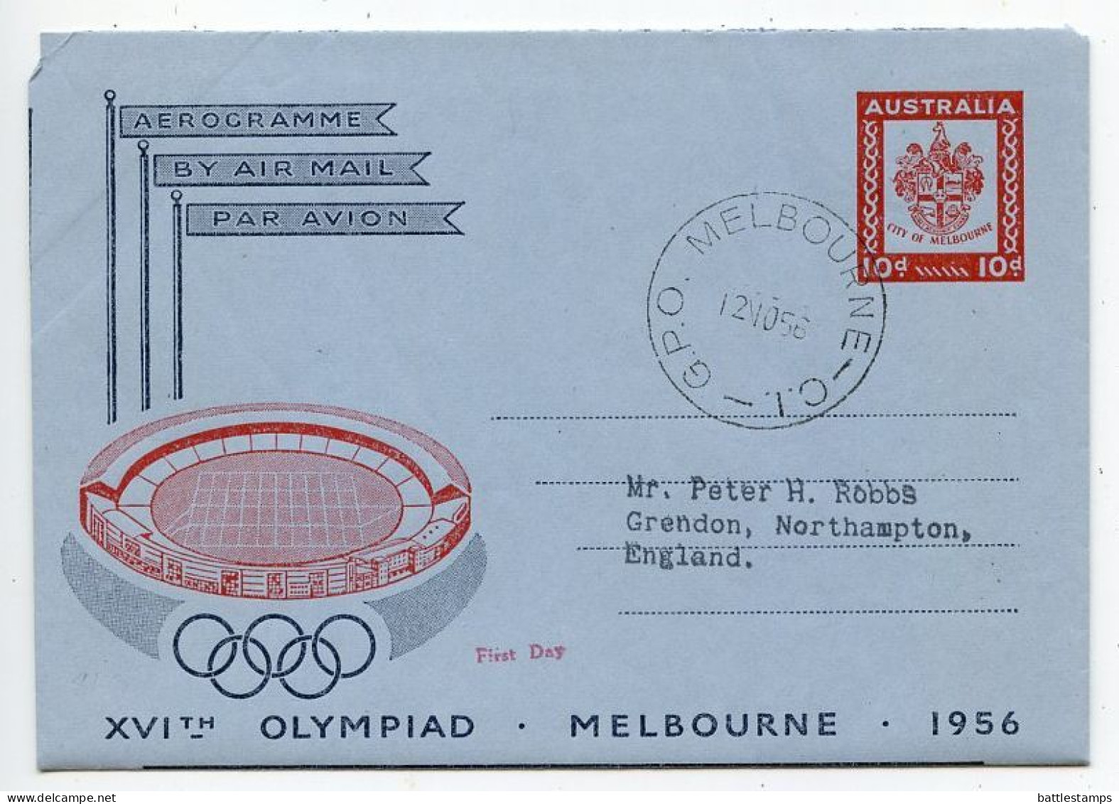 Australia 1956 Mint 10p. XVIth Olympics  Aerogramme / Air Letter - First Day Postmark - Aerogramme