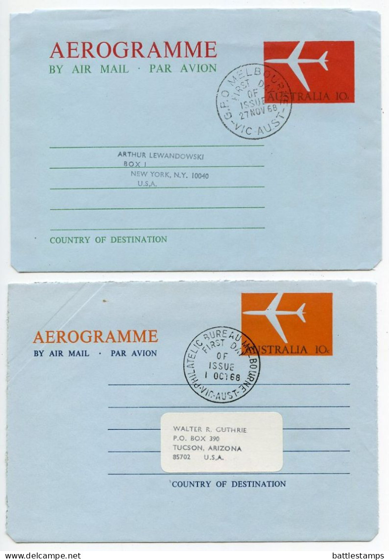 Australia 1968 2 Different 10c. Airplane  Aerogrammes / Air Letters - First Day Postmarks - Aerogrammi
