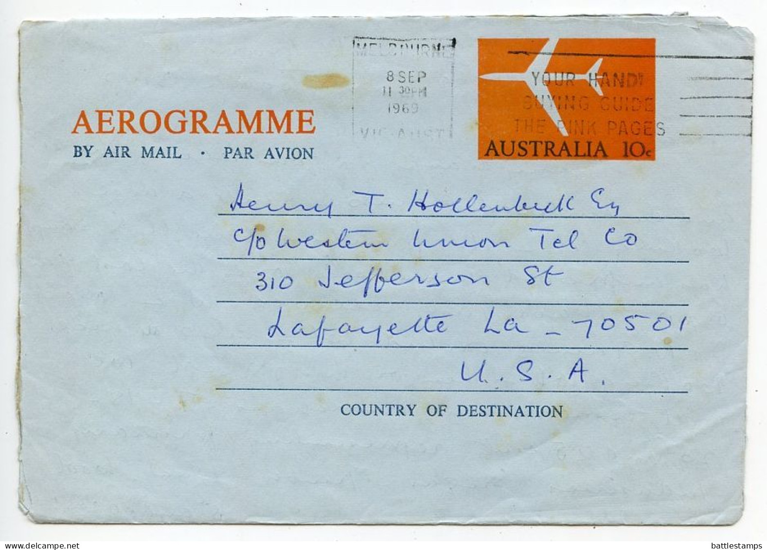 Australia 1969 10c. Airplane Aerogramme / Air Letter; Melbourne To Lafayette, Louisiana, United States - Luchtpostbladen