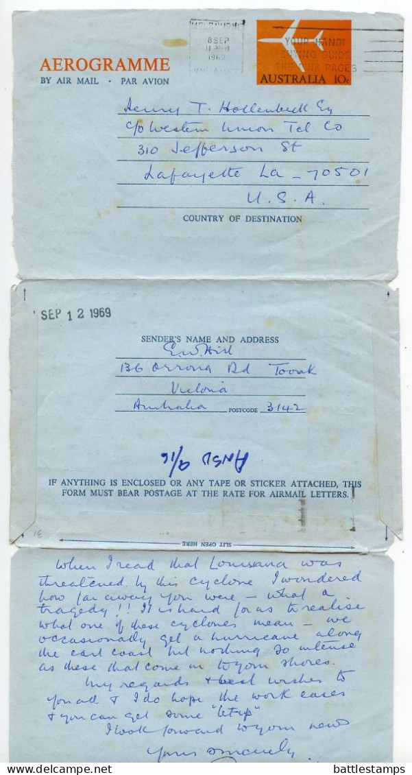 Australia 1969 10c. Airplane Aerogramme / Air Letter; Melbourne To Lafayette, Louisiana, United States - Aerograms