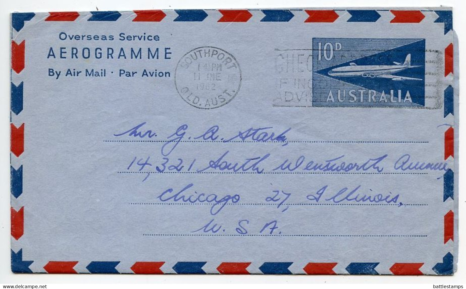 Australia 1962 10p. Airplane Aerogramme / Air Letter; Southport, Queensland To Chicago, Illinois, United States - Aerogramas