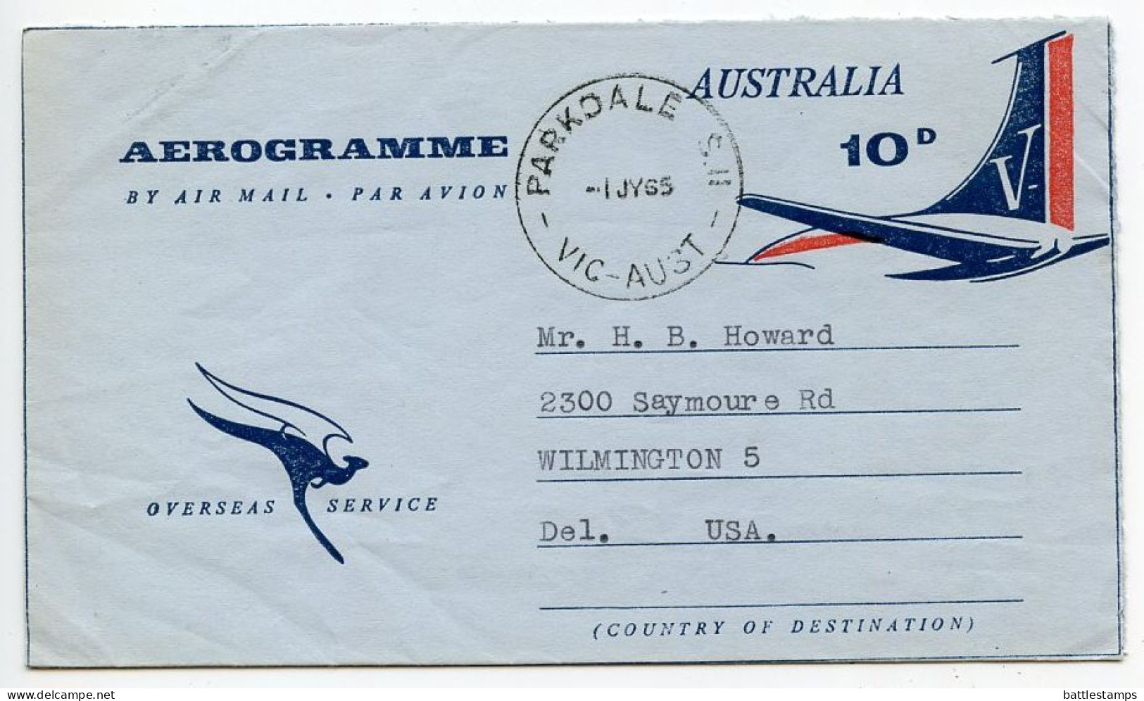 Australia 1965 10p. Airplane Tail Aerogramme / Air Letter; Parkdale, Victoria To Wilmington, Delaware, United States - Aerogramme