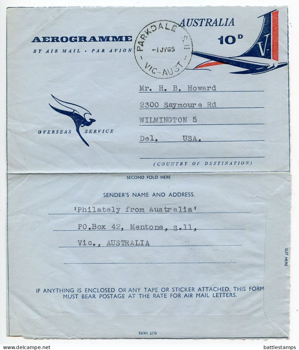 Australia 1965 10p. Airplane Tail Aerogramme / Air Letter; Parkdale, Victoria To Wilmington, Delaware, United States - Aerogramme