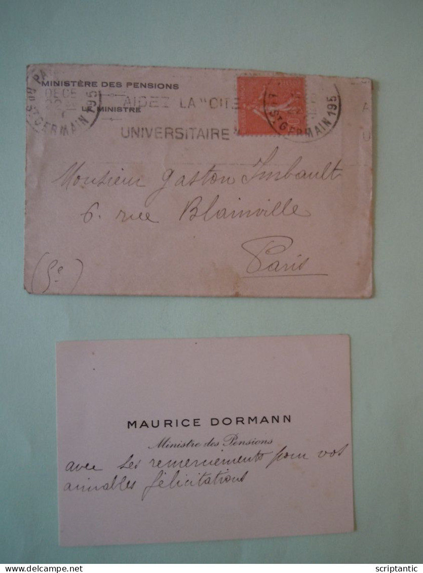 2 X CDV Autographes + Enveloppe MAURICE DORMANN (1881-1947) DEPUTE SEINE ET OISE - Politiek & Militair
