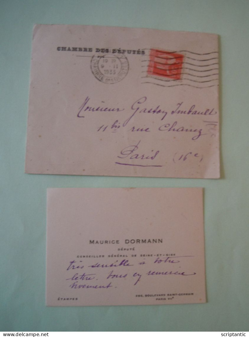 2 X CDV Autographes + Enveloppe MAURICE DORMANN (1881-1947) DEPUTE SEINE ET OISE - Político Y Militar