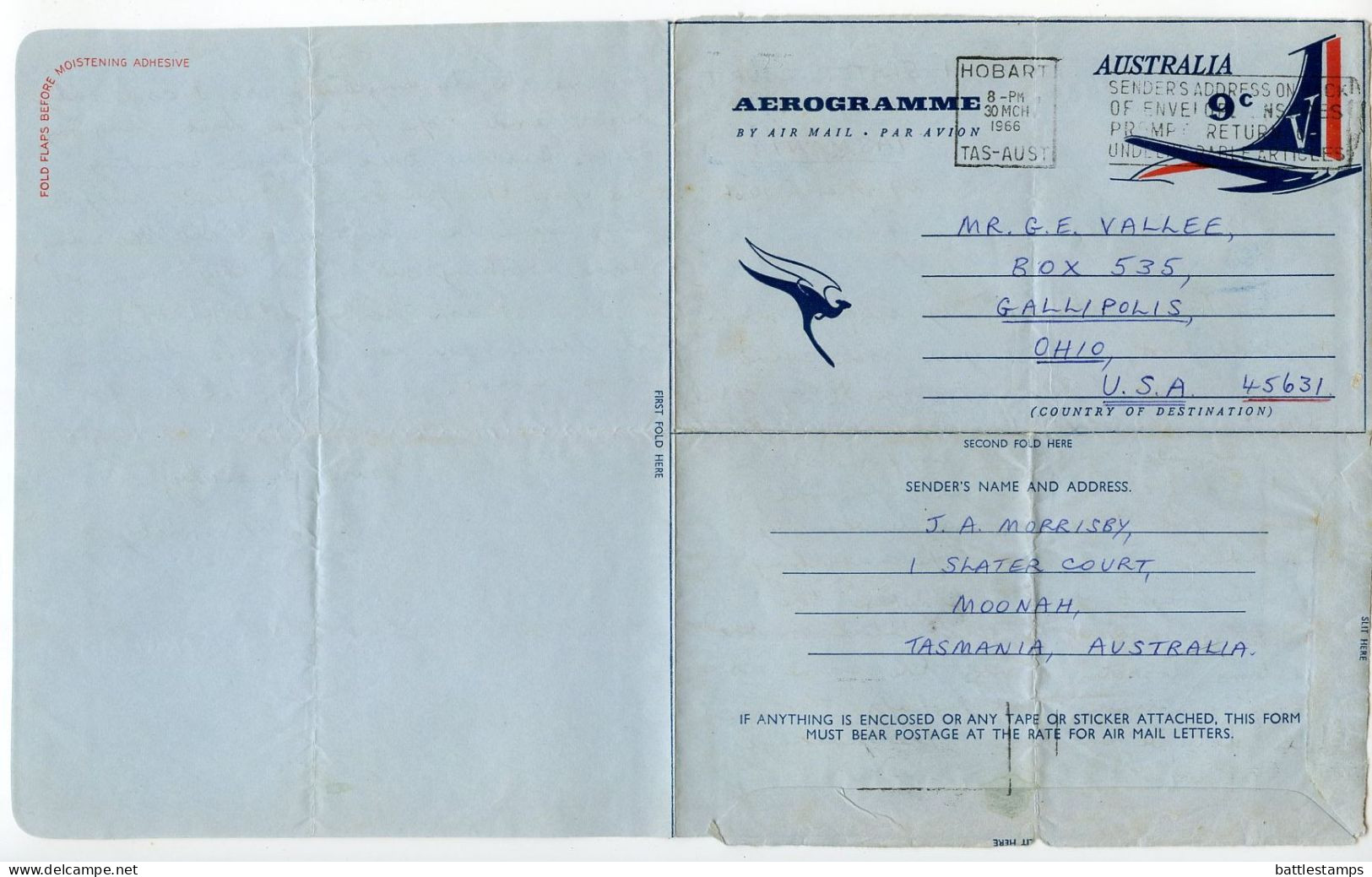 Australia 1966 9c. Airplane Tail Aerogramme / Air Letter; Hobart, Tasmania To Gallopolis, Ohio, United States - Aerogramme