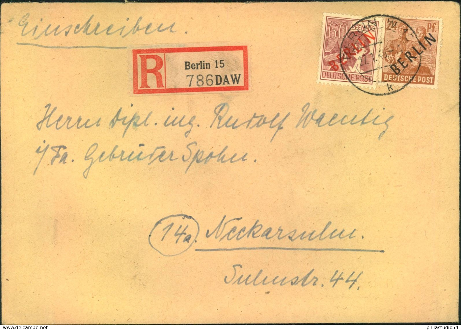 1949, Einschreiben AbBERLUIN 15 Mit MiF 24 Pfg. Schwarz- Und 60 Pfg. Rotaufdruck - Briefe U. Dokumente