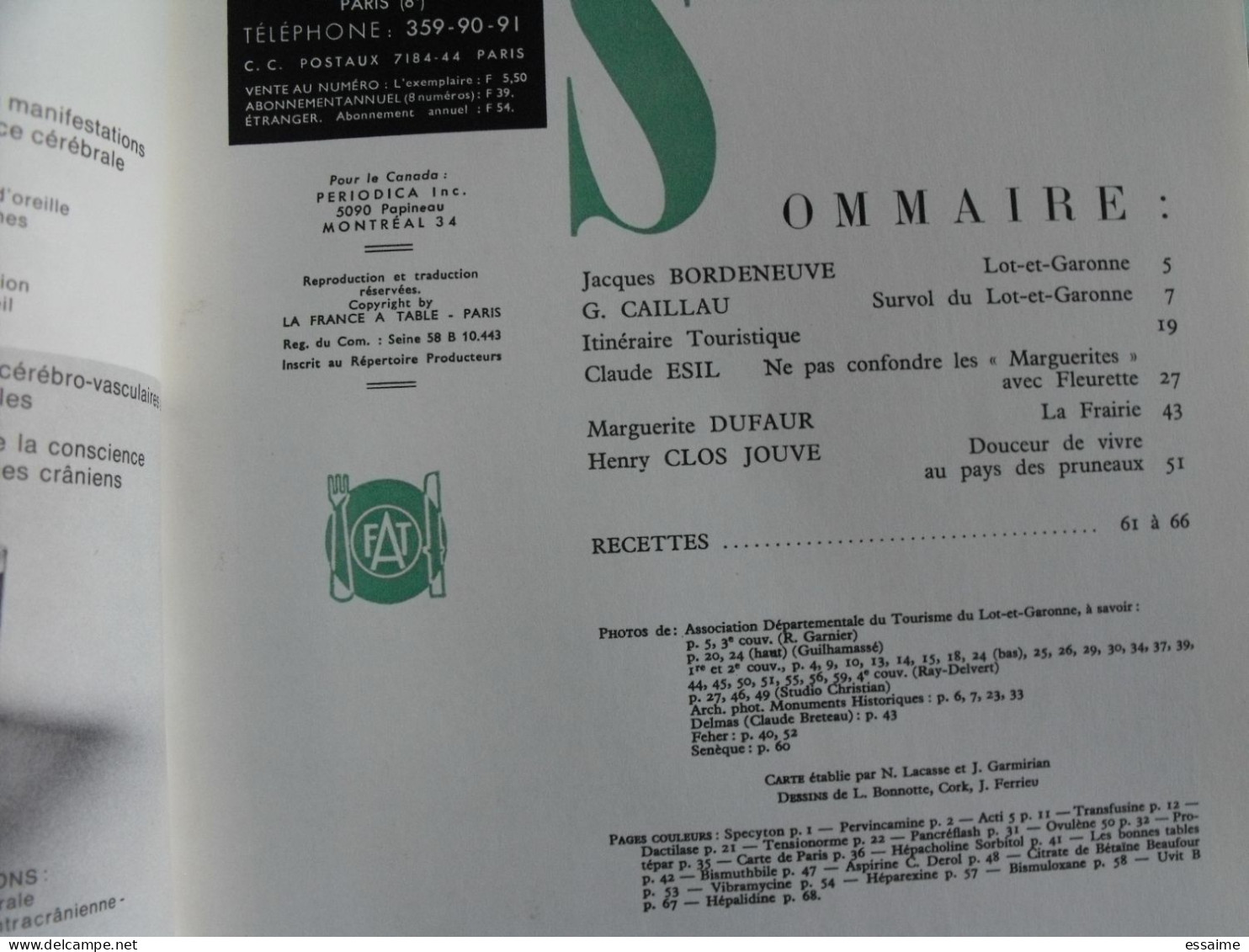 La France à Table N° 163. 1972. Lot-et-Garonne. Agen Nerac Villeneuve Puymirol Villereal Marmande Fumel. Gastronomie - Turismo E Regioni