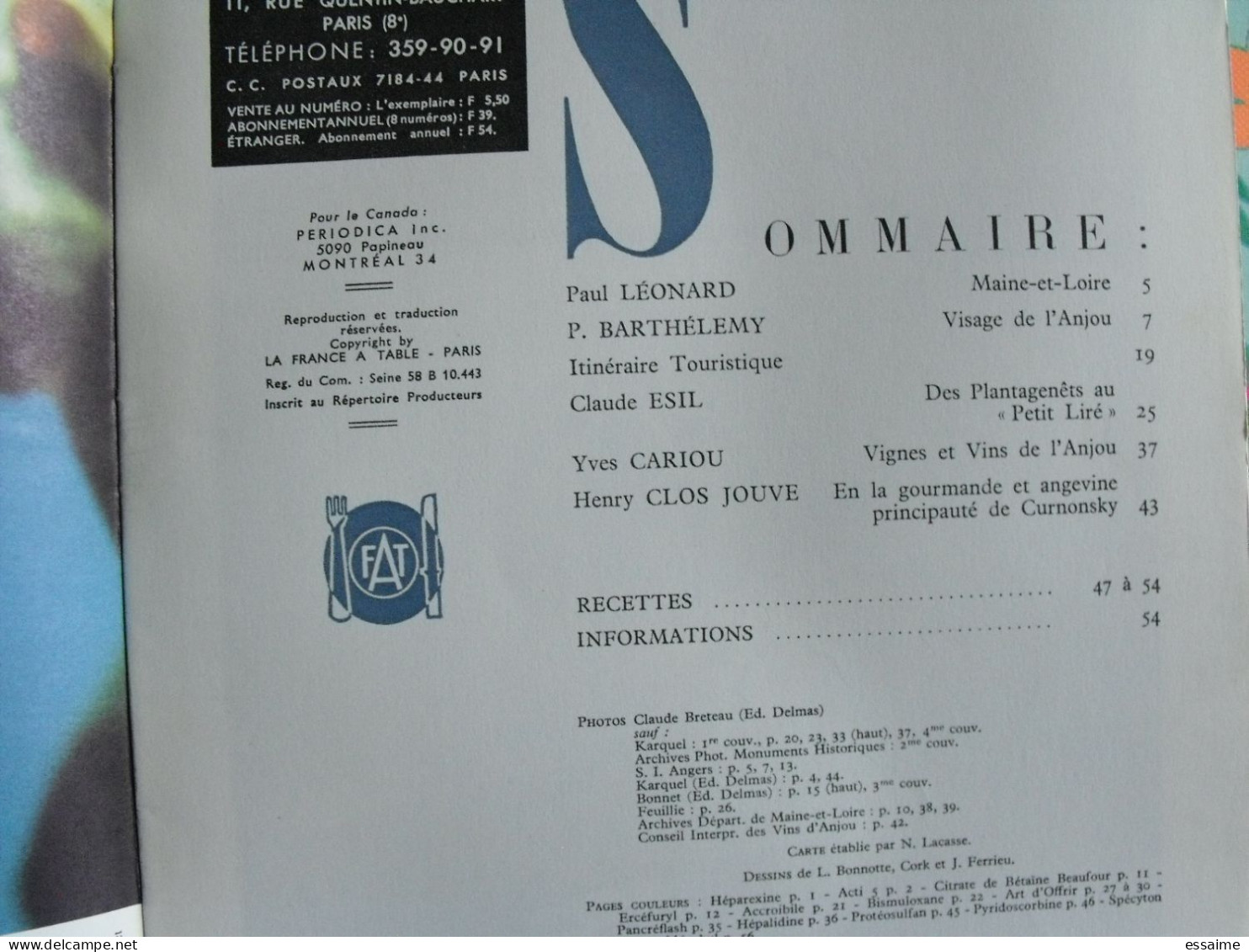 La France à Table N° 172. 1973. Maine-et-Loire. Angers Durtal Baugé Saumur Cholet Brissac Montreuil-bellay . Gastronomie - Toerisme En Regio's