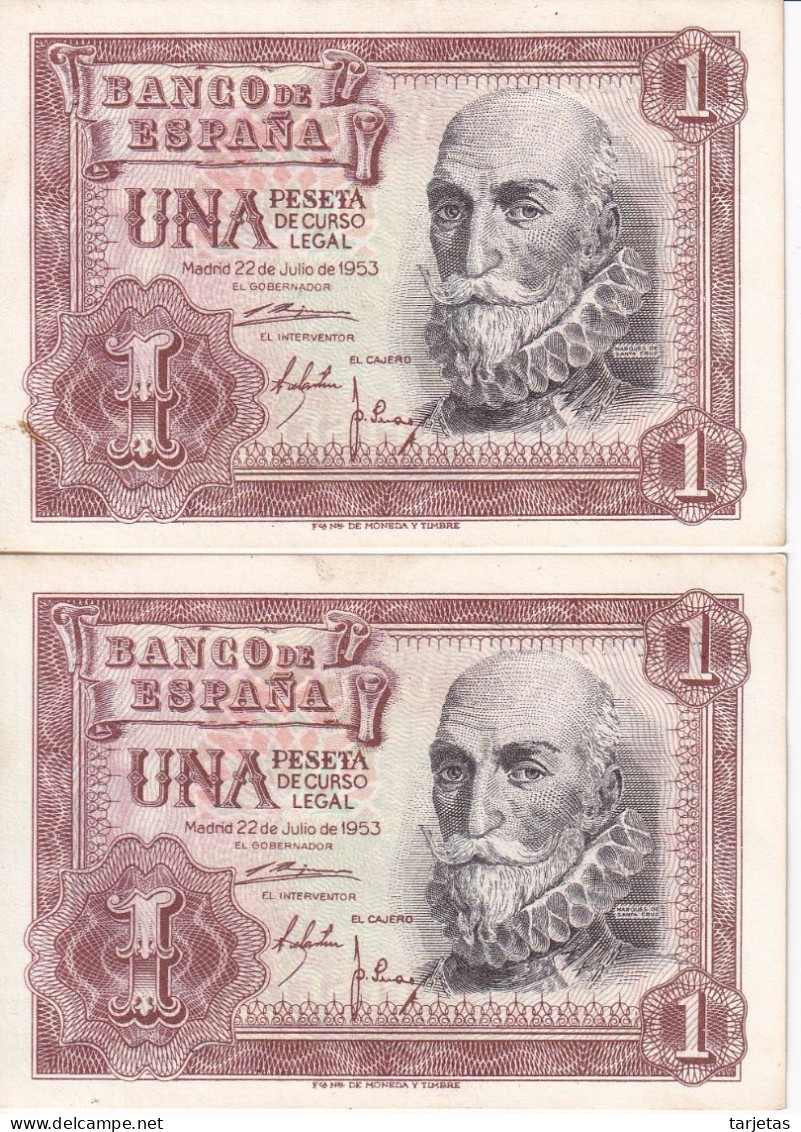 PAREJA CORRELATIVA DE ESPAÑA DE 1 PTA DEL AÑO 1953 SERIE 1G SIN CIRCULAR (UNC) (BANKNOTE) - 1-2 Pesetas