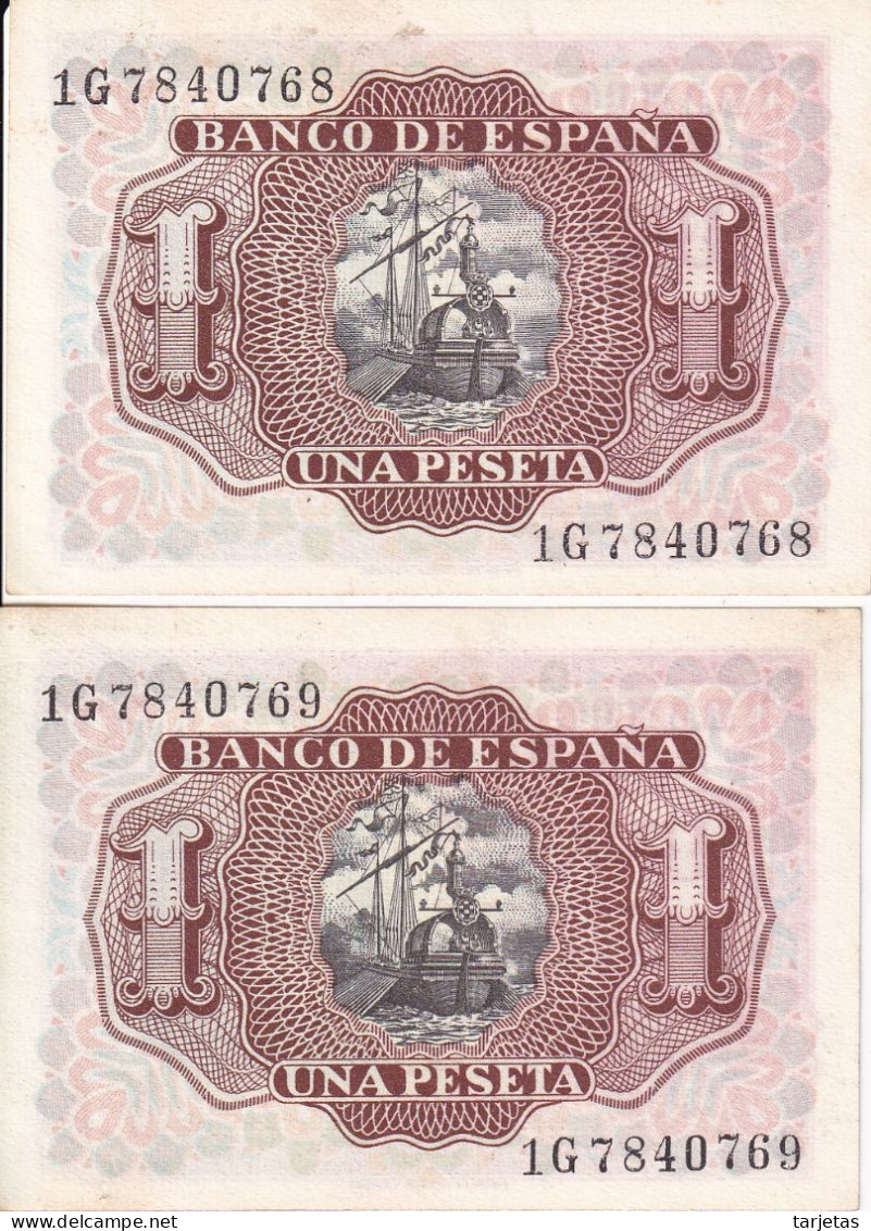 PAREJA CORRELATIVA DE ESPAÑA DE 1 PTA DEL AÑO 1953 SERIE 1G SIN CIRCULAR (UNC) (BANKNOTE) - 1-2 Pesetas