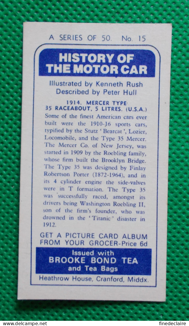 Trading Card - Brooke Bond Tea- History Of The Motor Car - 1914 Mercer Type 35 Raceaout  (6,8 X 3,7)-Série 50 - N° 15 - Auto & Verkehr