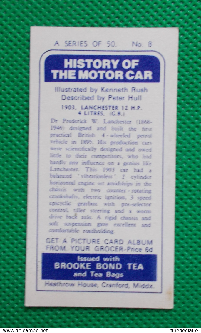 Trading Card - Brooke Bond Tea- History Of The Motor Car - 1903 Lanchester 12 HP - (6,8 X 3,7)-Série 50 - N° 8 - Motoren