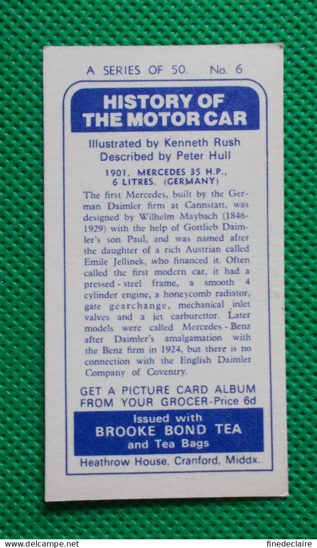 Trading Card - Brooke Bond Tea- History Of The Motor Car - 1901 Mercede 35 HP 6 Litres (6,8 X 3,7)-Série 50 - N° 6 - Moteurs