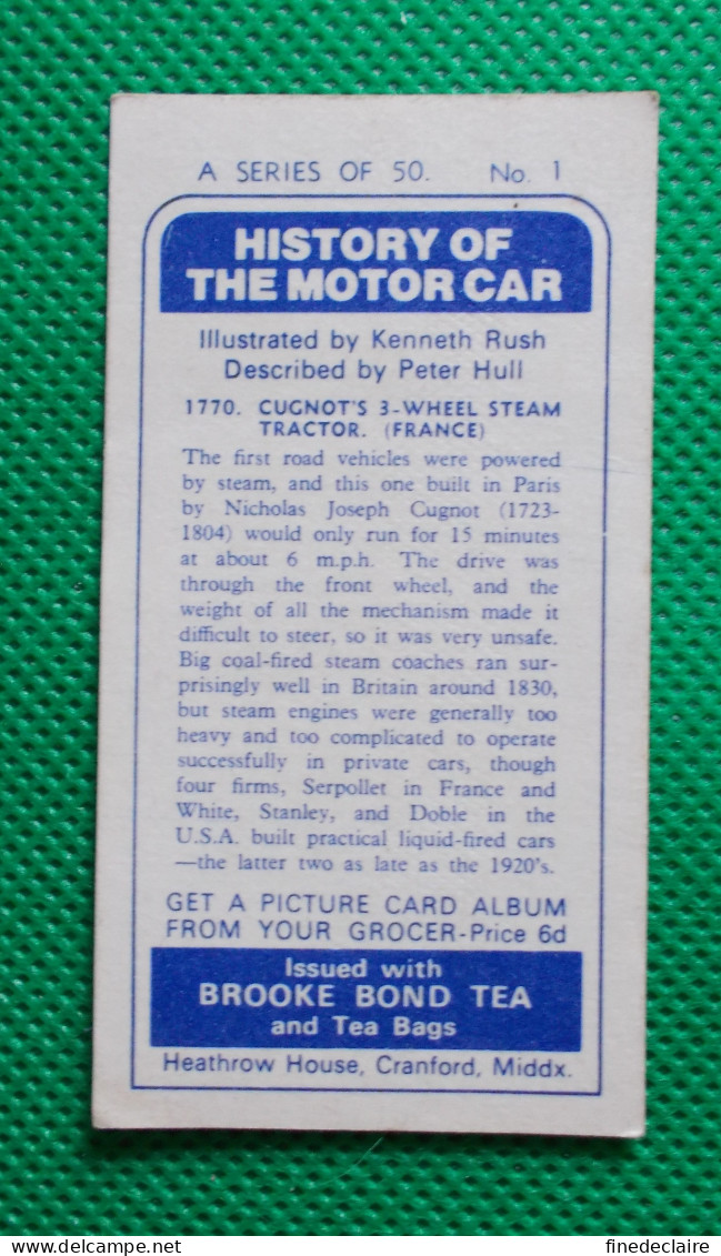 Trading Card - Brooke Bond Tea- History Of The Motor Car, 1770 Cugnot's 3 Whell Steam Tractor (6,8 X 3,7)-Série 50, N° 1 - Motori