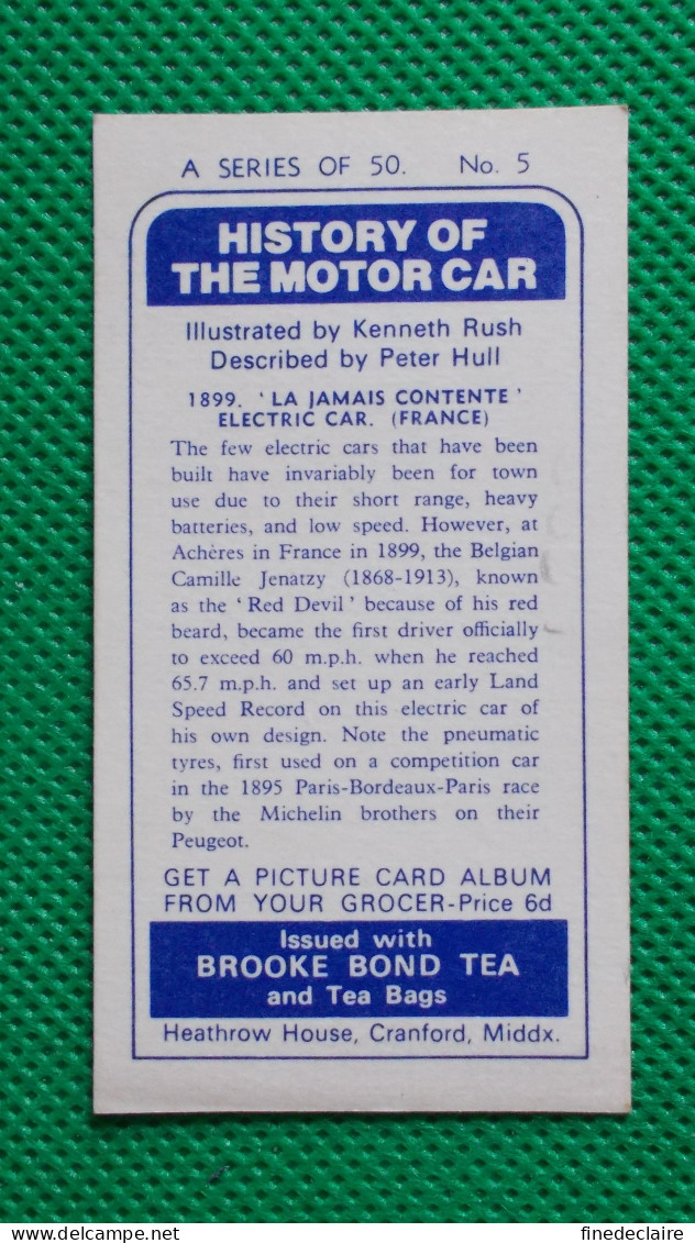 Trading Card Brooke Bond Tea- History Of The Motor Car 1899 La Jamais Contente électrique Car (6,8 X 3,7) Série 50 N° 5 - Moteurs