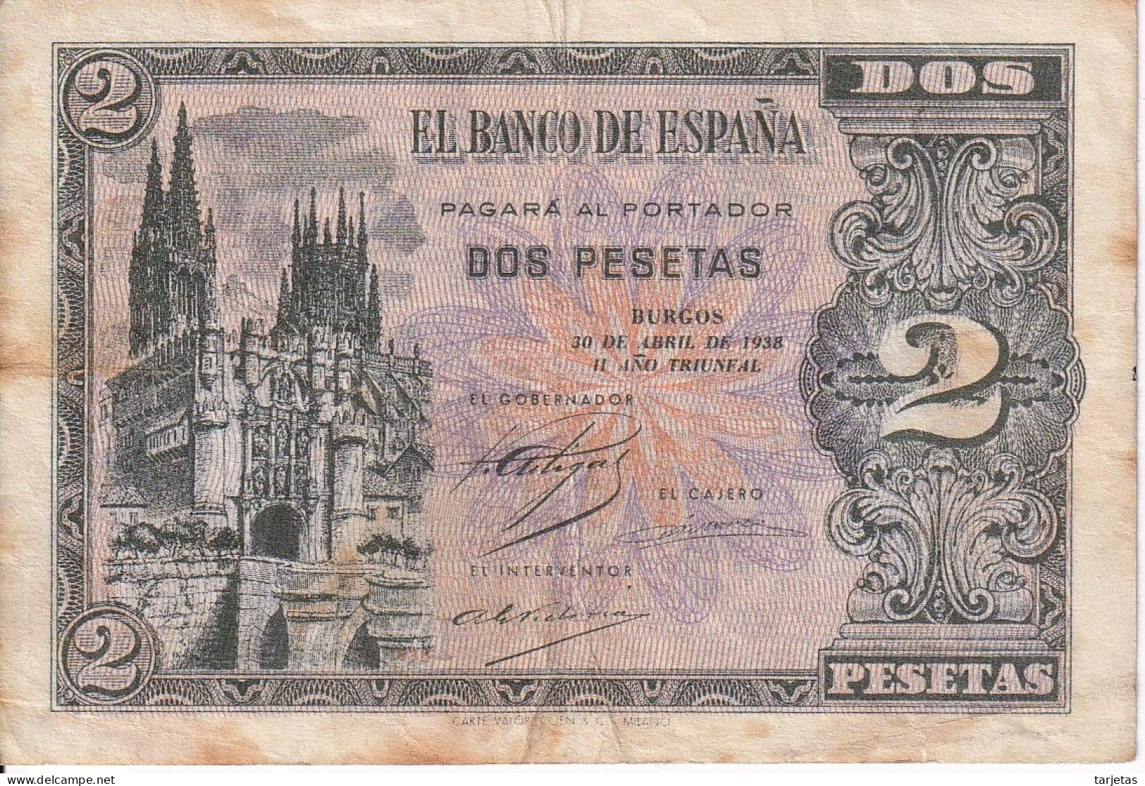 BILLETE DE ESPAÑA DE 2 PTAS  DEL AÑO 1938 SERIE D CALIDAD BC  (BANKNOTE) - 1-2 Peseten