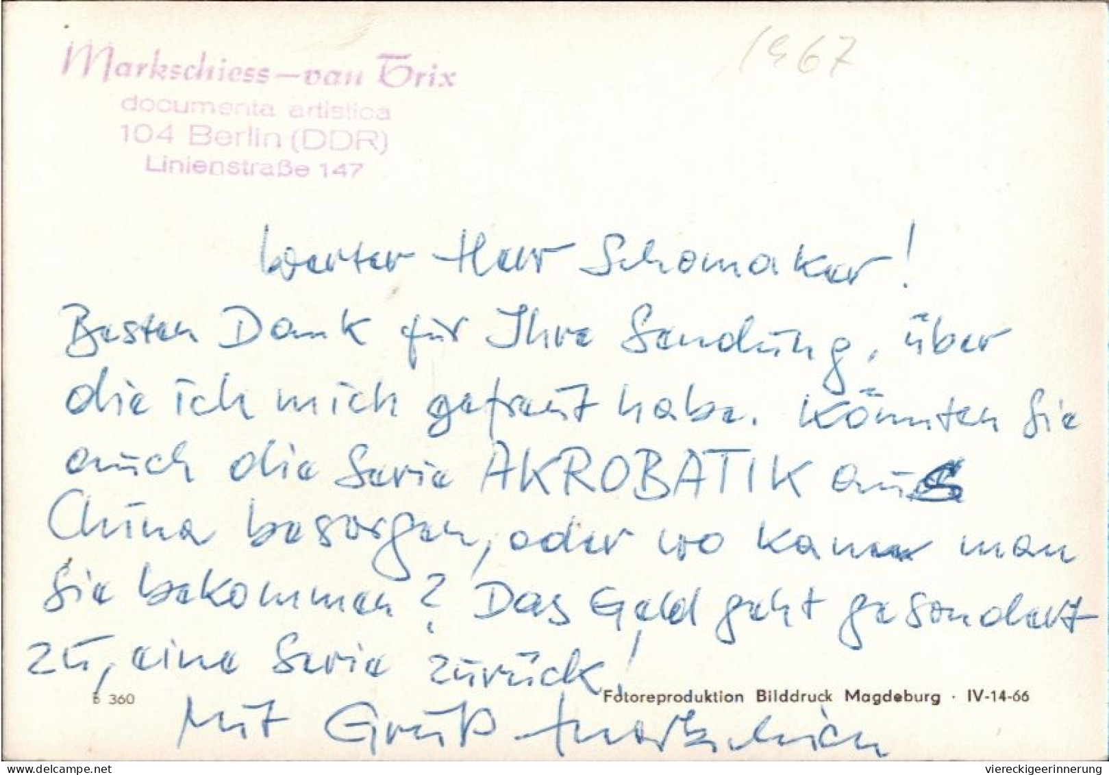 ! Postkarte Mit Autograph Von Julius Markschiess Van Trix, Berlin, 1967, Linienstraße 147, Artistik - Cirque