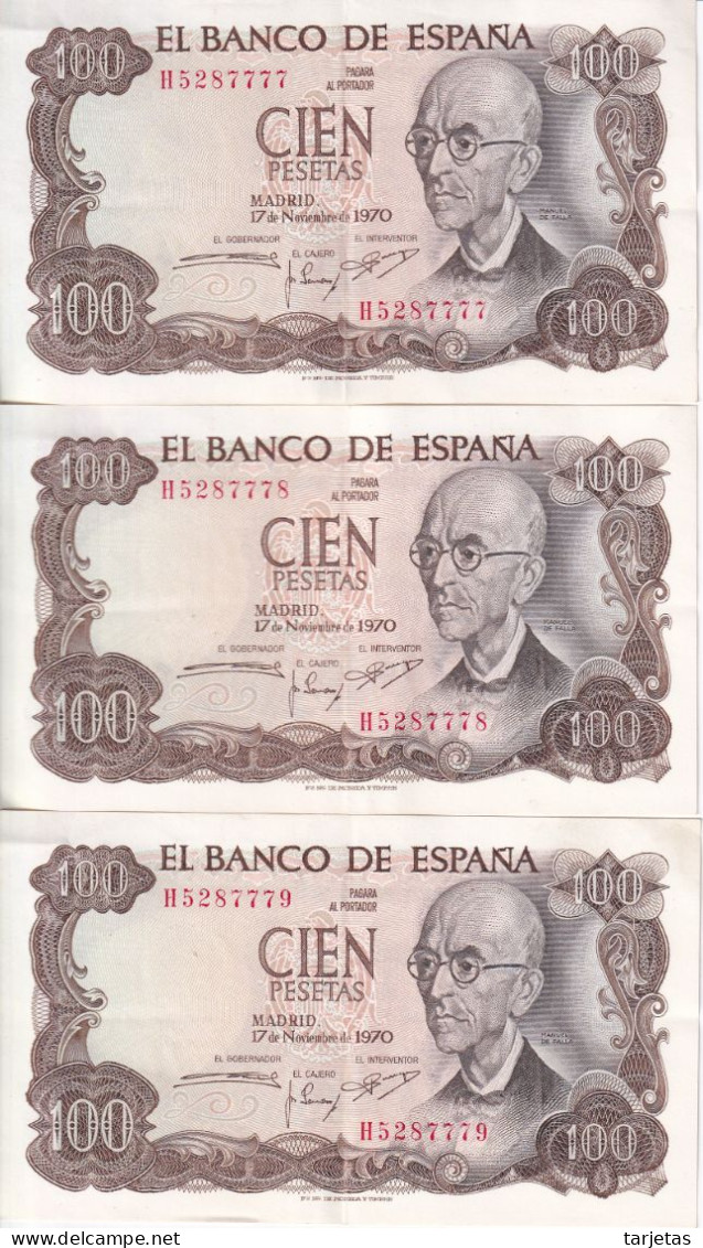 TRIO CORRELATIVO DE 100 PTAS DEL AÑO 1970 SERIE H EN CALIDAD EBC (XF) (BANK NOTE) - 100 Pesetas