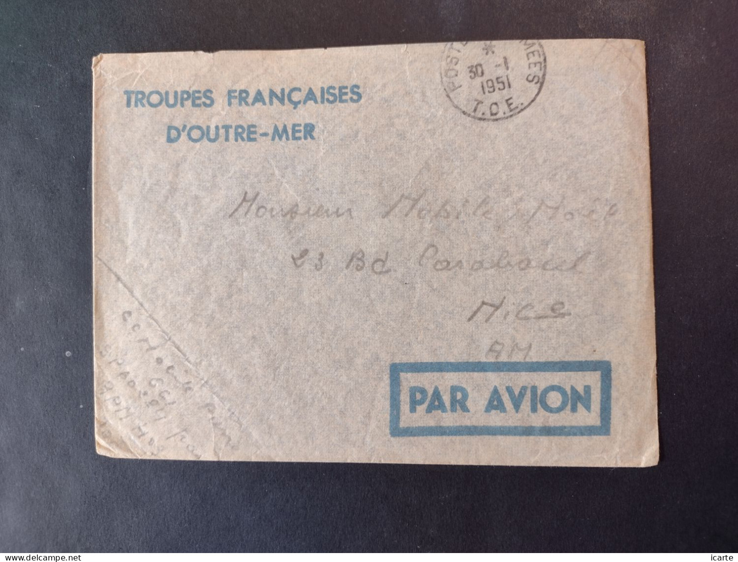 Enveloppe De Franchise Militaire Spéciale T.O.E. TROUPES FRANCAISES D'OUTRE-MER Guerre D'Indochine Janv 1951 - Guerra De Indochina/Vietnam