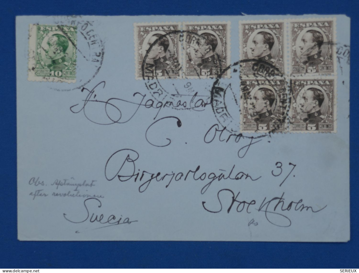 BR6 ESPANA BELLE  LETTRE CENSURA MILITAR RR 1934 A STOKHOLM SUEDE VIA LISBOA +AFF. INTERESSANT++ - Republikeinse Censuur