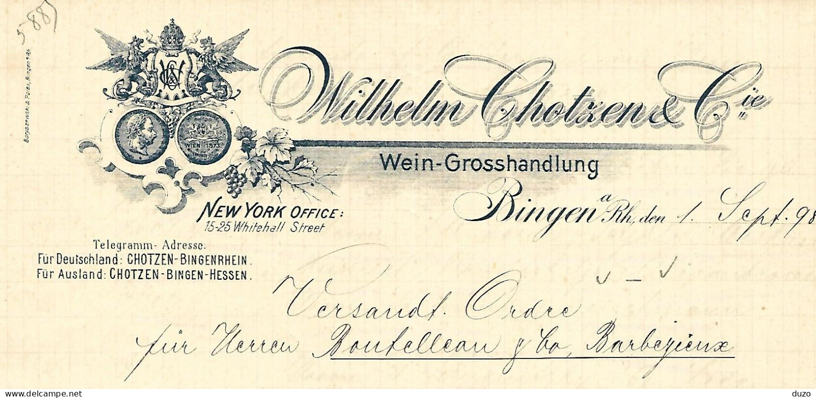 Bingen - Entête Du 1er Septembre 1898 - Wilhelm Chotzen & Cie - Wein-Grosshandlung - Alimentos