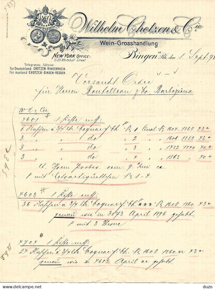 Bingen - Entête Du 1er Septembre 1898 - Wilhelm Chotzen & Cie - Wein-Grosshandlung - Food