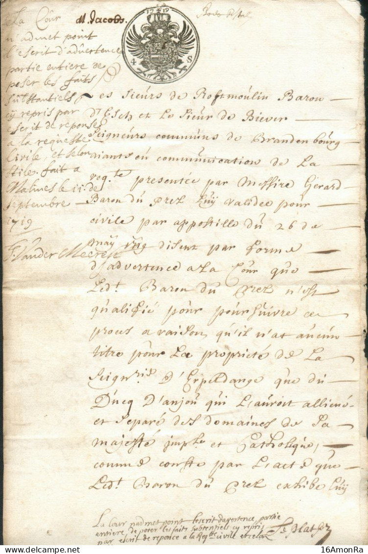 Document Fiscal 4 Pages - Empreinte AIGLE 4 S (sols)., Fait à Malines Le  11 Septembre 1719 , Concernant Les Signeurs De - ...-1852 Voorfilatelie