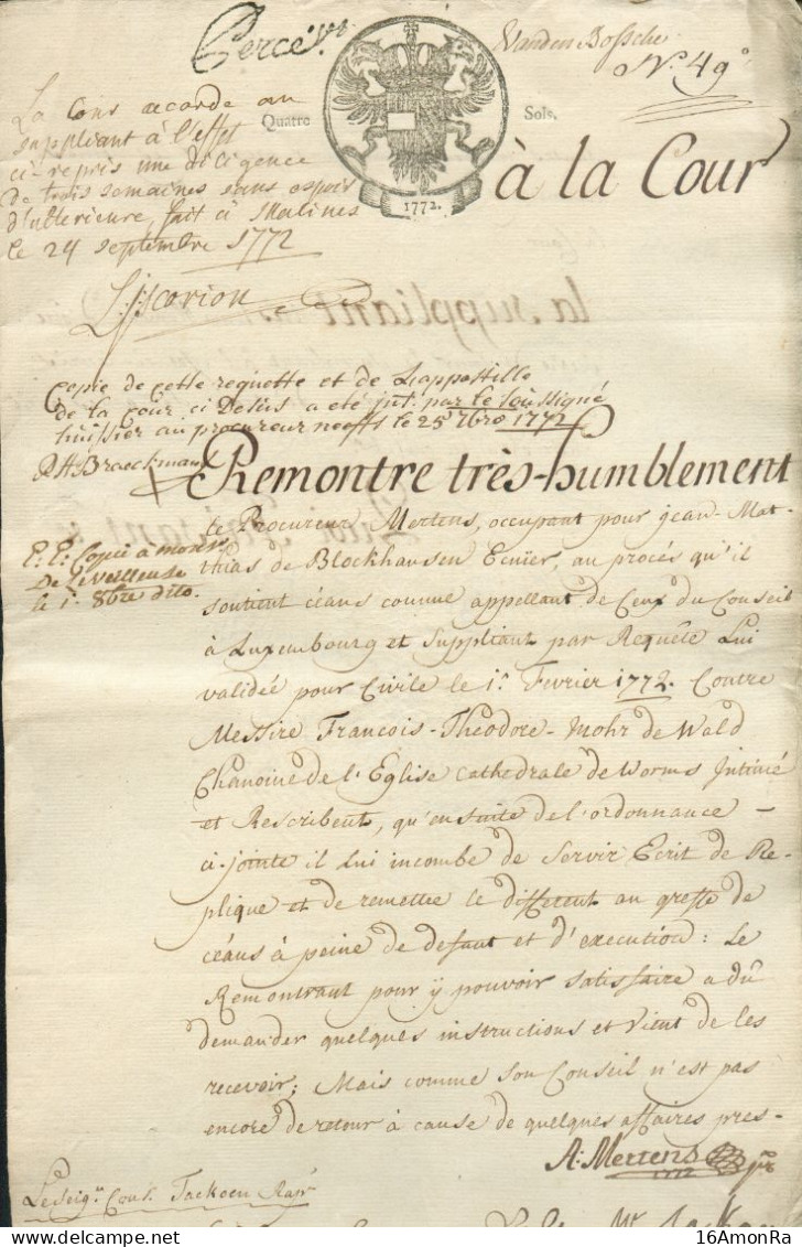 Document Fiscal 4 Pages - Empreinte AIGLE 4 S (sols) 1771., Fait à Malines Le 24 Septembre 1772 , Concernant Leseigneur - ...-1852 Vorphilatelie