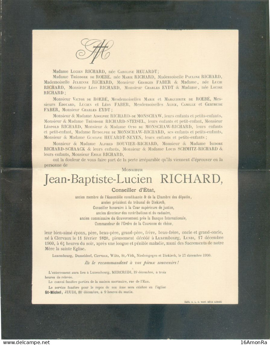 2 Centimes Olive Obl. Dc LUXEMBOURG-VILLE Sur Faire-part De Deuil Imprimé (J.B.L. RICHARD) Du 17-12-1900 Vers Château De - 1895 Adolphe Right-hand Side