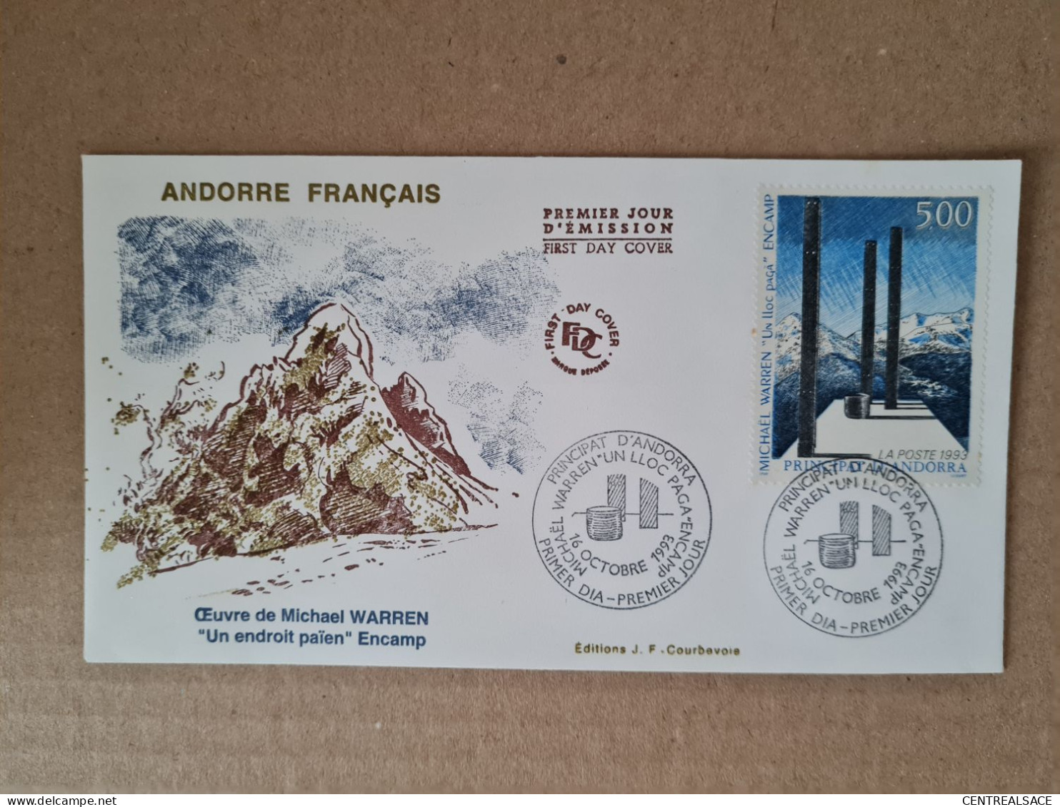 Lettre ANDORRE FDC 1993 OEUVRE DE MICHAEL WARREN UN ENDROIT PAIEN ENCAMP - Brieven En Documenten