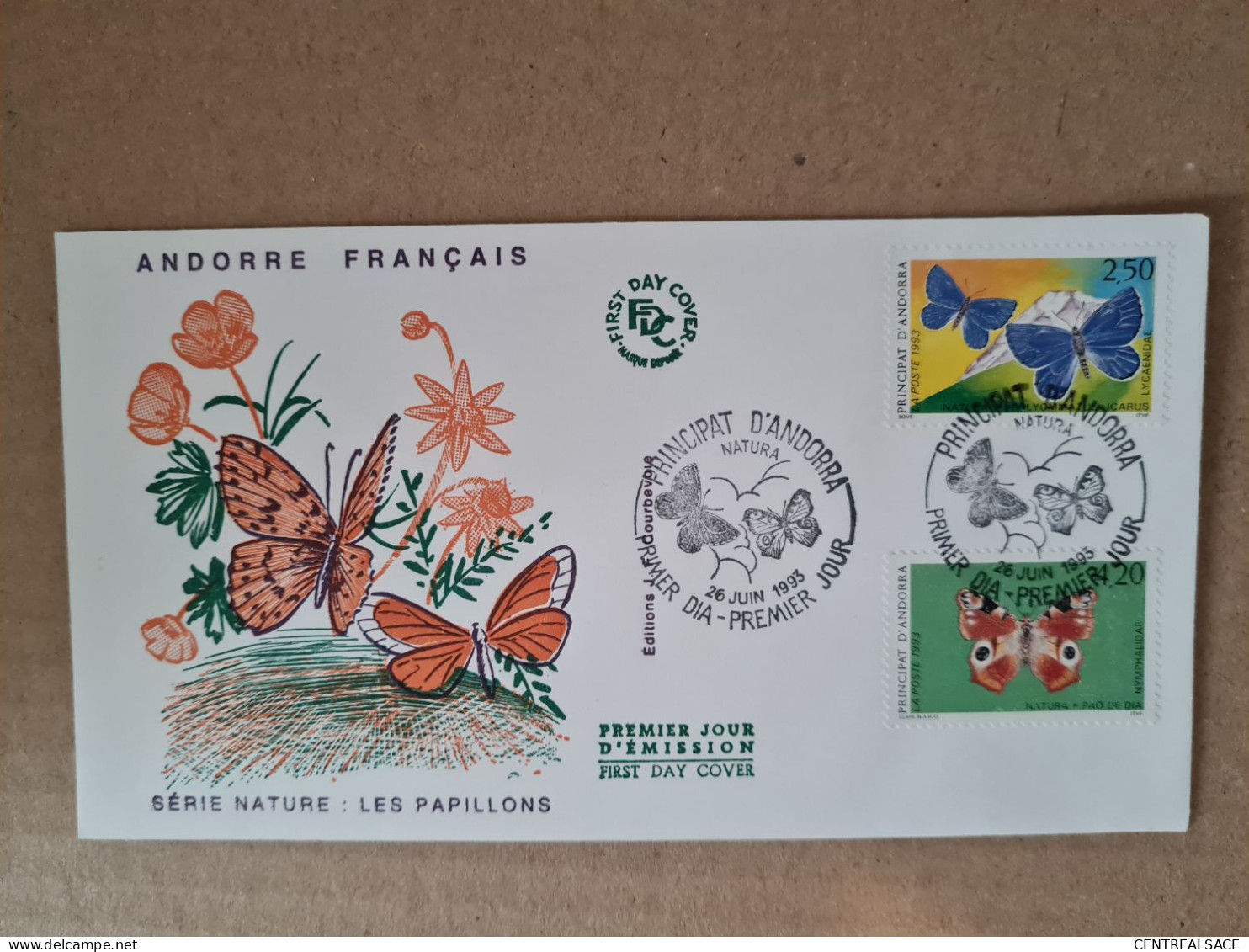 Lettre ANDORRE FDC 1993 SERIE NATURE LES PAPILLONS - Lettres & Documents