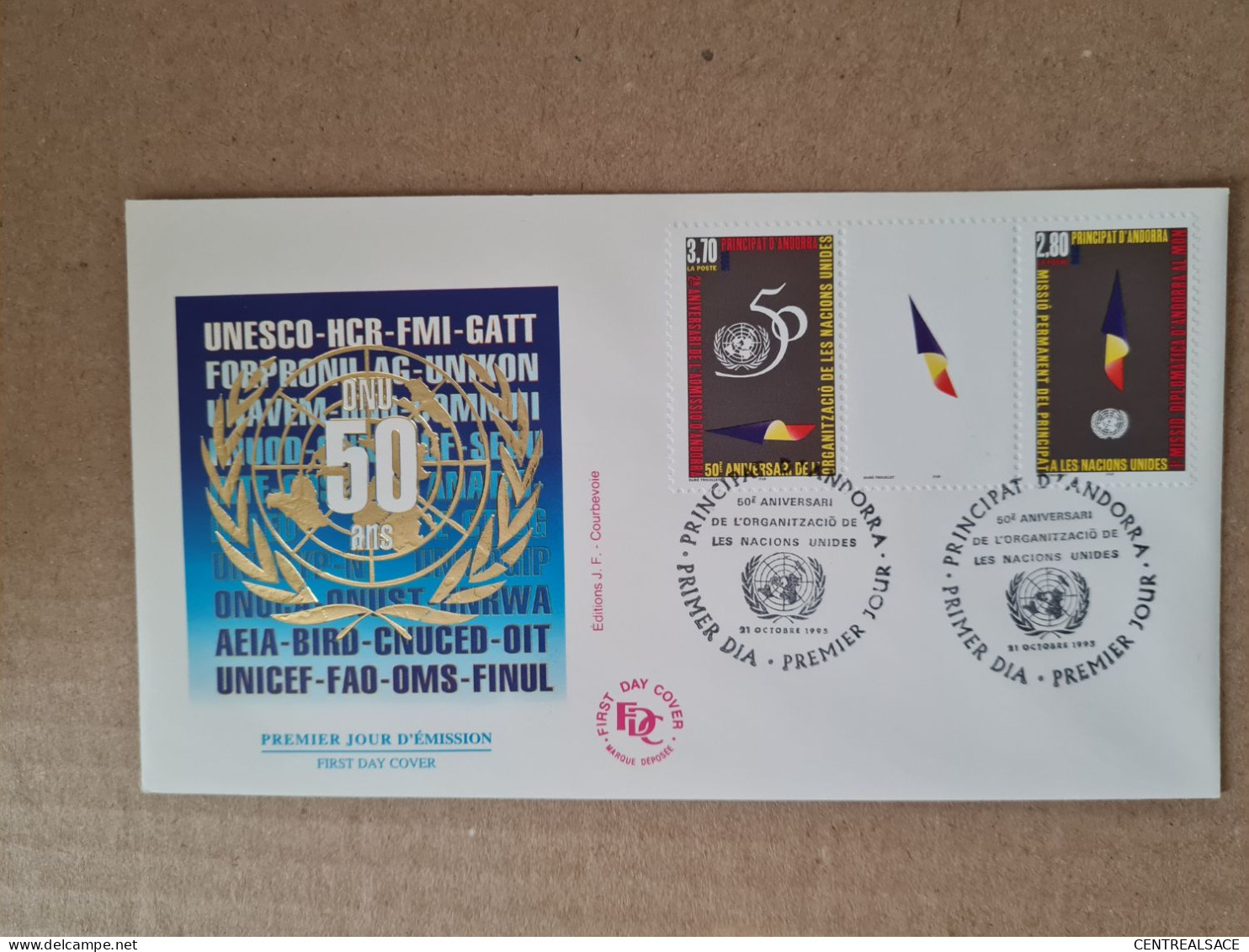 Lettre ANDORRE FDC 1995 TRIPTIQUE 80 ANNIVERSAIRE ORGANISATION NATIONS UNIS UNESCO UNICEF - Lettres & Documents