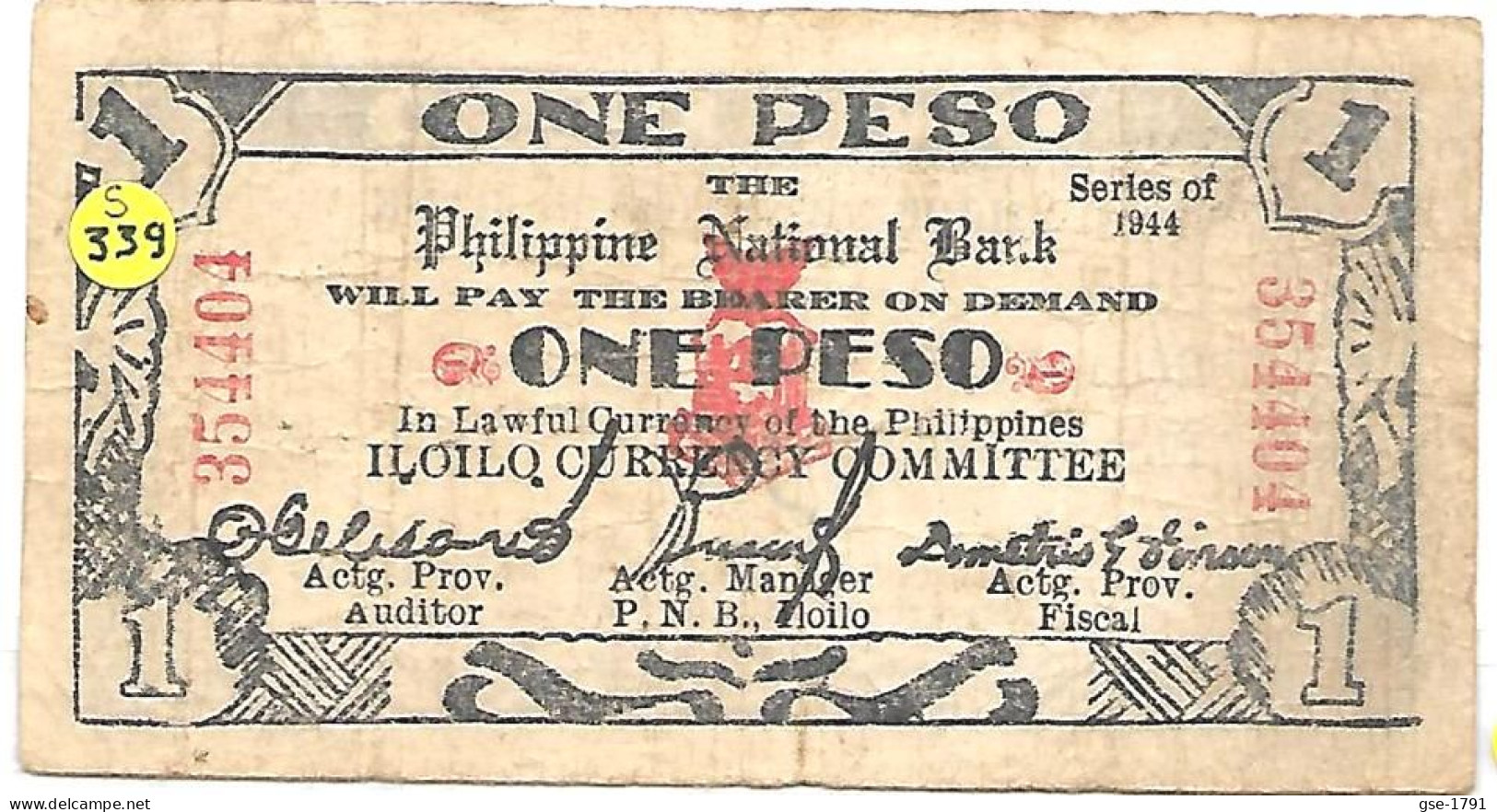 PHILIPPINES ILOILO , Petits Billets De La 4ème émission  #338  , 1 Pesos  1944  Circulé - Philippines