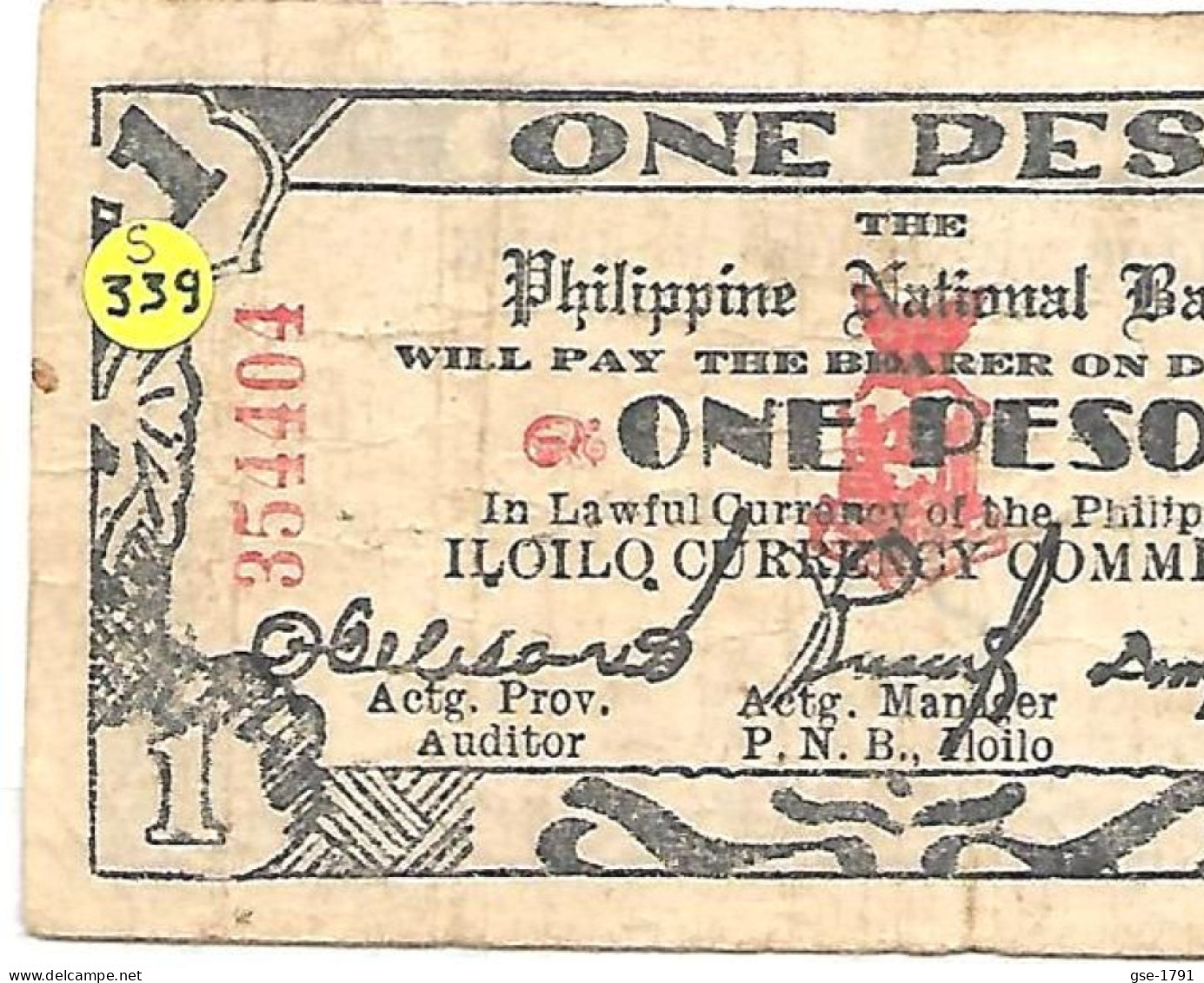 PHILIPPINES ILOILO , Petits Billets De La 4ème émission  #338  , 1 Pesos  1944  Circulé - Philippines