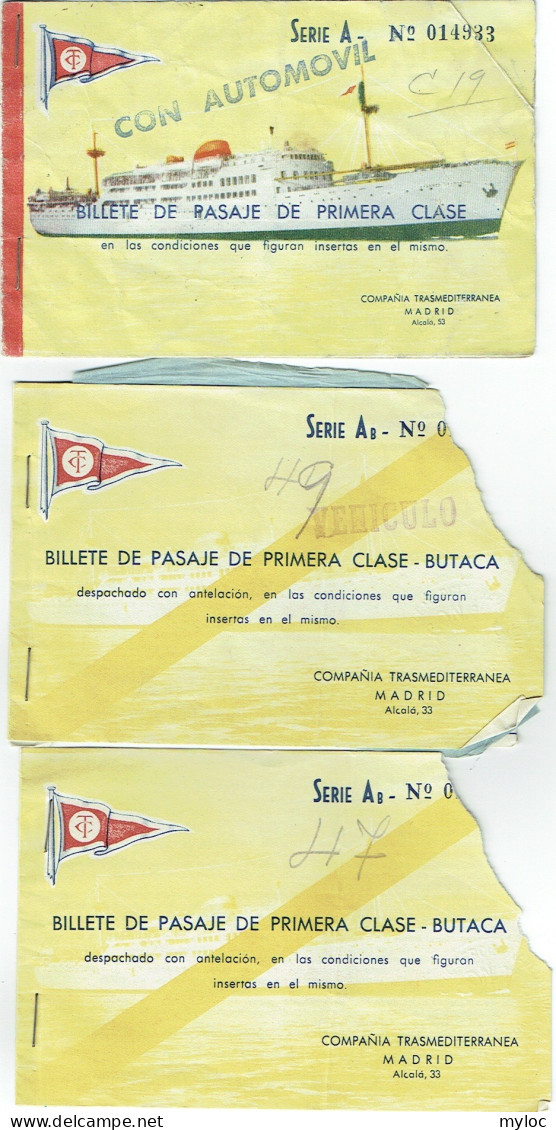 3 X Billet Bateau. Compania Trasmediterranea Madrid. Primera Clase. 1957/58. - Europa