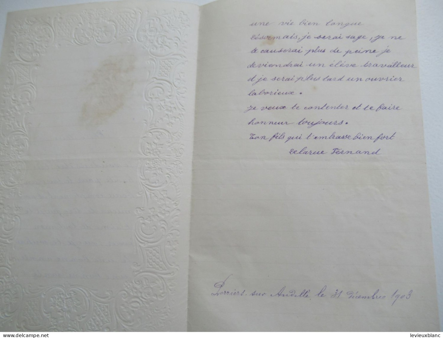 Lettre De Nouvel An Avec Chromo/"Chère Mére"/Fernand Delarue/ Perriers Sur Andelle 1903                CVE202 - Neujahr