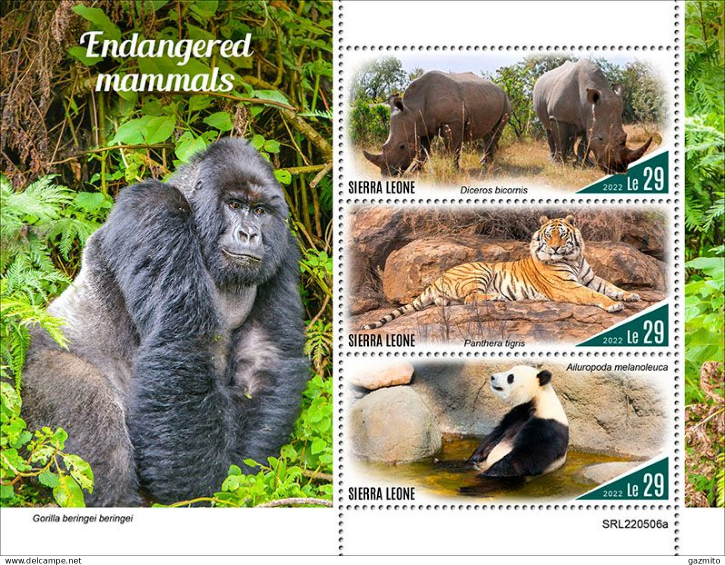 Sierra Leone 2022, Animals, Gorilla, Rhino, Tiger, Panda, 3val In BF - Gorilla