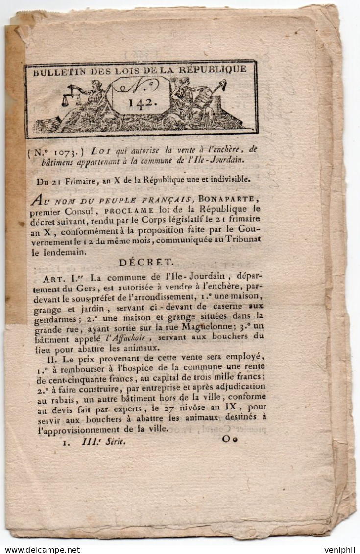 DECRET DE LA COMMUNE DE L'ILE - JOURDAIN - GERS - LOI QUI AUTORISE LA VENTE DE BATIMENTS APPARTENANT A LA COMMUNE - Gesetze & Erlasse