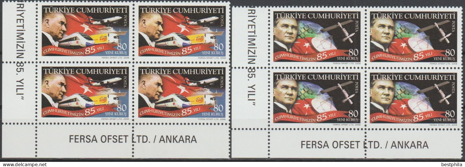 Turkey, Turkei - 2008 - 85th Anniversary Of The Republic Of Turkey - Block Of 4 Set ** MNH - Nuevos
