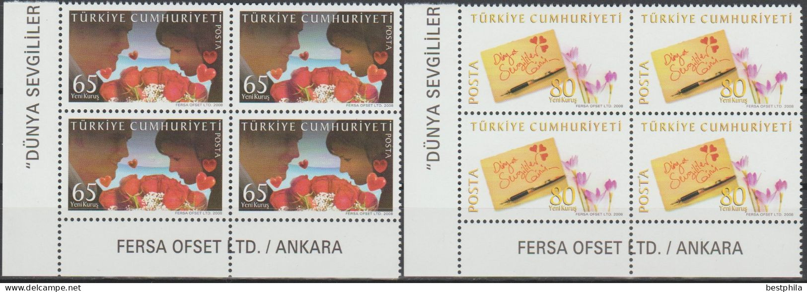 Turkey, Turkei - 2008 - World Valentine's Day - Block Of 4 Set ** MNH - Unused Stamps