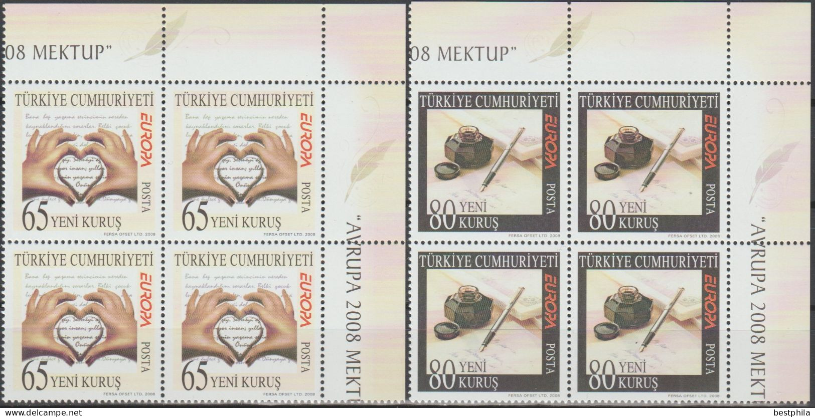 Turkey, Turkei - 2008 - Europa Cept (Letter) - Block Of 4 Set ** MNH - Nuevos