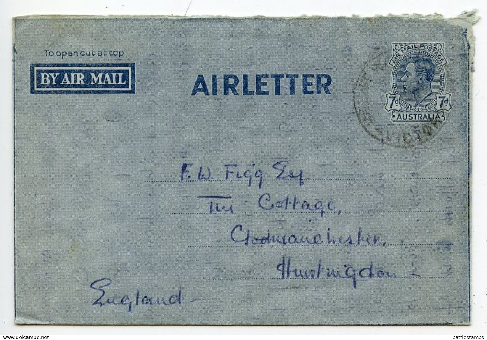 Australia 1951 7p. King George VI Aerogramme / Air Letter; Melbourne, Victoria To Godmanchester, England - Aérogrammes