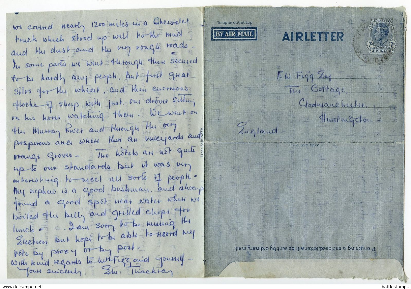 Australia 1951 7p. King George VI Aerogramme / Air Letter; Melbourne, Victoria To Godmanchester, England - Aerograms